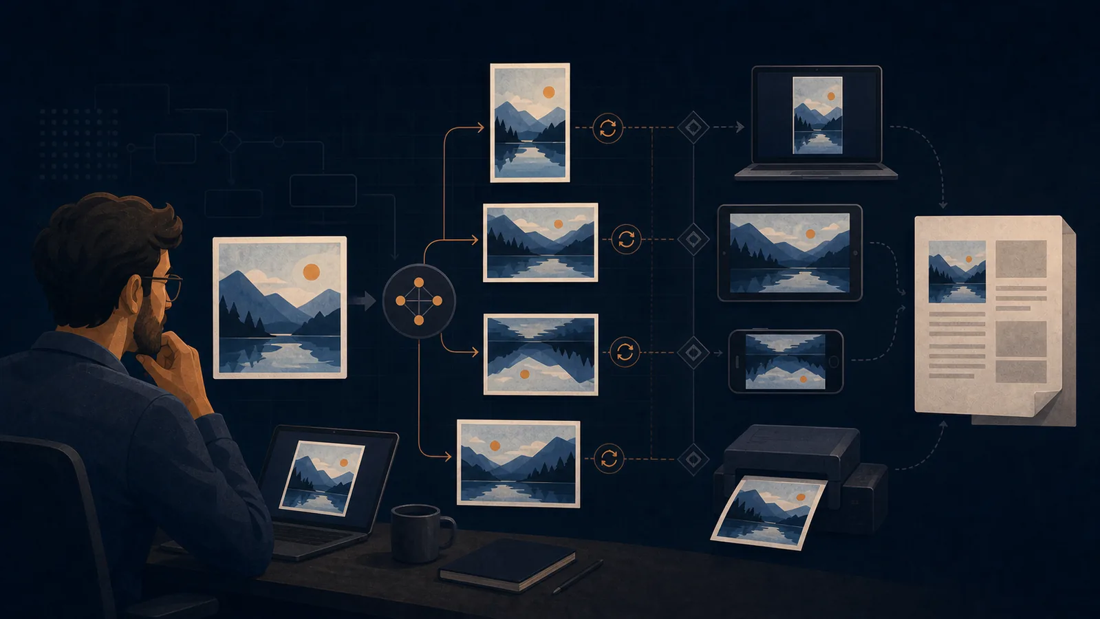 A developer checks the same landscape photo shown in different orientations across devices and a document.