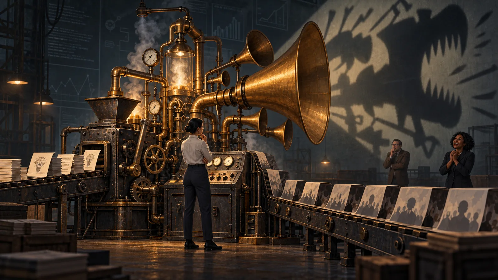 A retro-industrial machine with brass horns casts an enormous jagged shadow while three adults observe its operation.