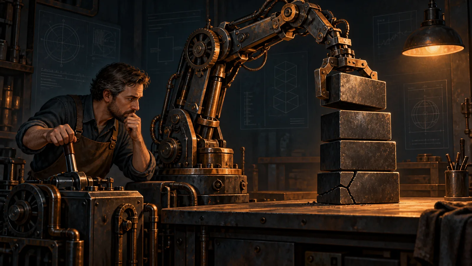A man operates a mechanical arm stacking metal blocks into a tower with a cracked base in a dark workshop lit by warm amber light.