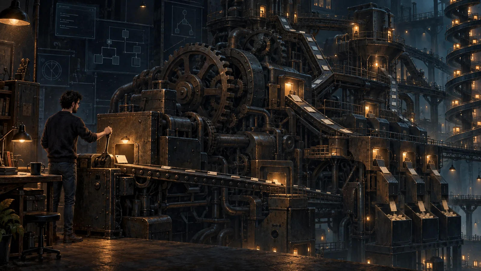 A developer operates a small lever beside a vast, dark industrial machine filled with gears and conveyors.